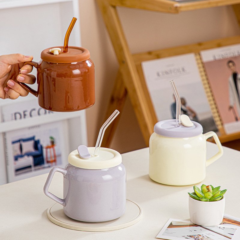 Factory hot selling ceramic creative mug with cover home water cup office breakfast cup straw coffee cup