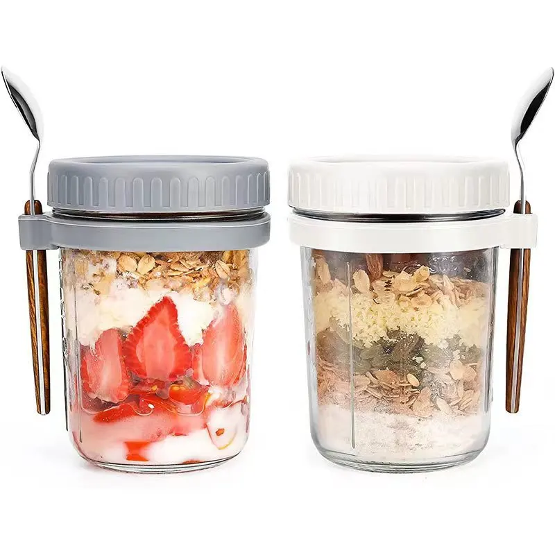 Custom overnight oatmeal cup 350ml breakfast cup with spoon Portable glass salad jar Yogurt cup